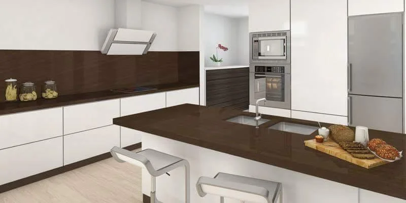 Chocolate dark brown quartz countertop matched with cabinets and light flooring