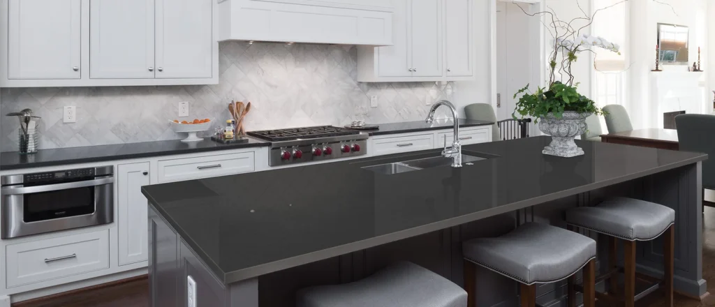 Dark gray quartz slab for bathroom vanities feature walls and commercial flooring