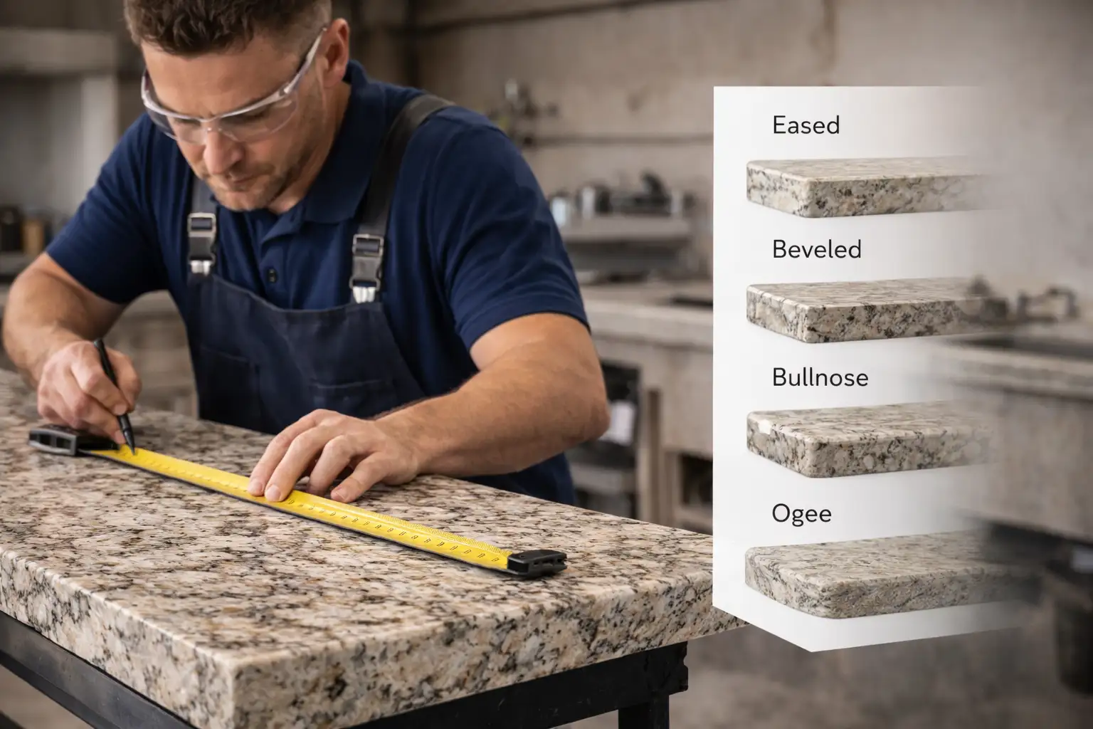 A craftsman carefully measures the edge of a speckled granite countertop, showcasing different edge profiles such as Eased, Beveled, Bullnose, and Ogee, in a workshop setting.