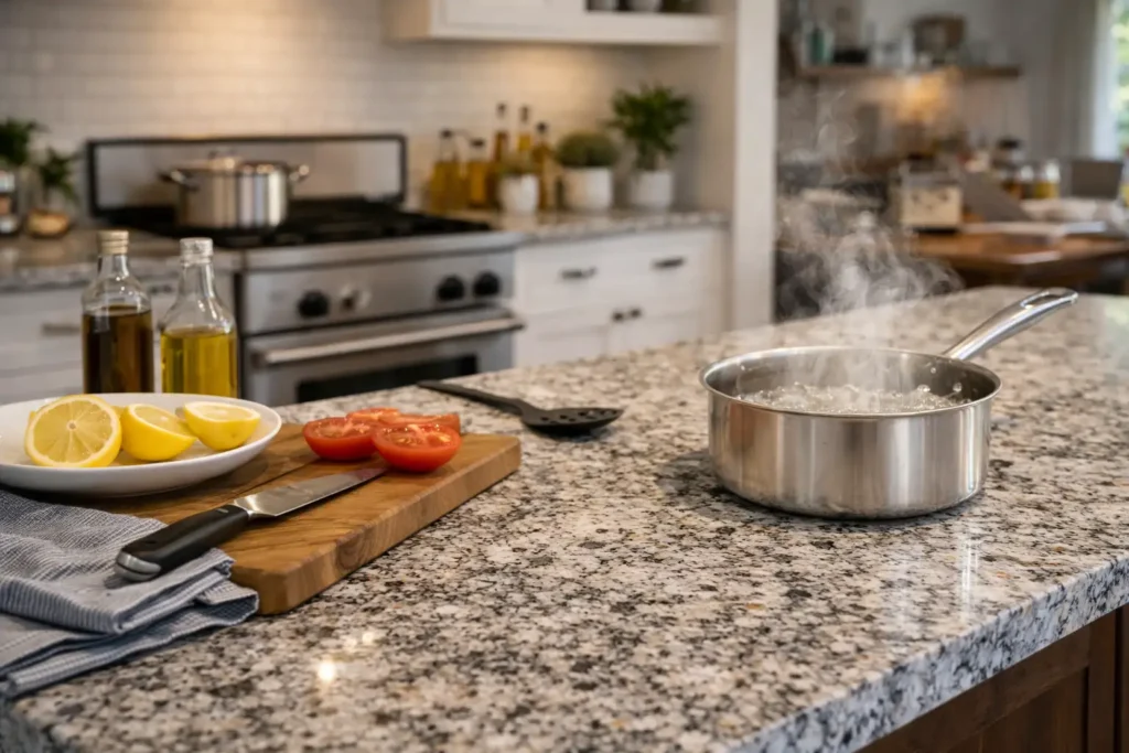 A modern kitchen featuring a granite countertop with fresh lemons, sliced tomatoes, and a pan of steaming vegetables, showcasing the durability and heat resistance of granite during meal prep.