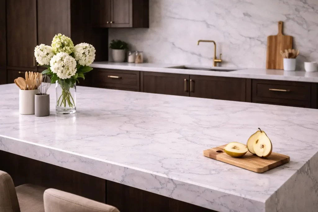 Modern kitchen with a white quartz countertop featuring soft gray veining, a wooden cutting board with halved pears, a vase of white hydrangeas, and dark wood cabinetry, all creating an elegant, minimalist atmosphere.