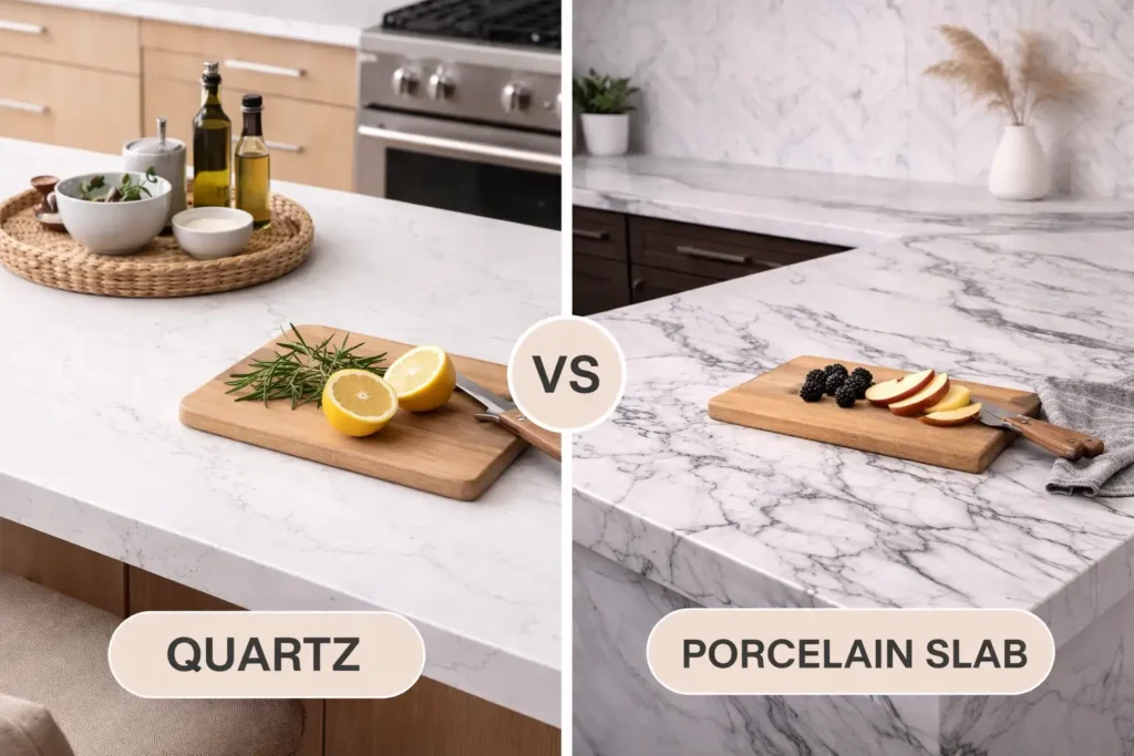 Side-by-side comparison of porcelain and marble countertops, showcasing the similar veining patterns and minimalist kitchen setups with fresh ingredients on each surface.