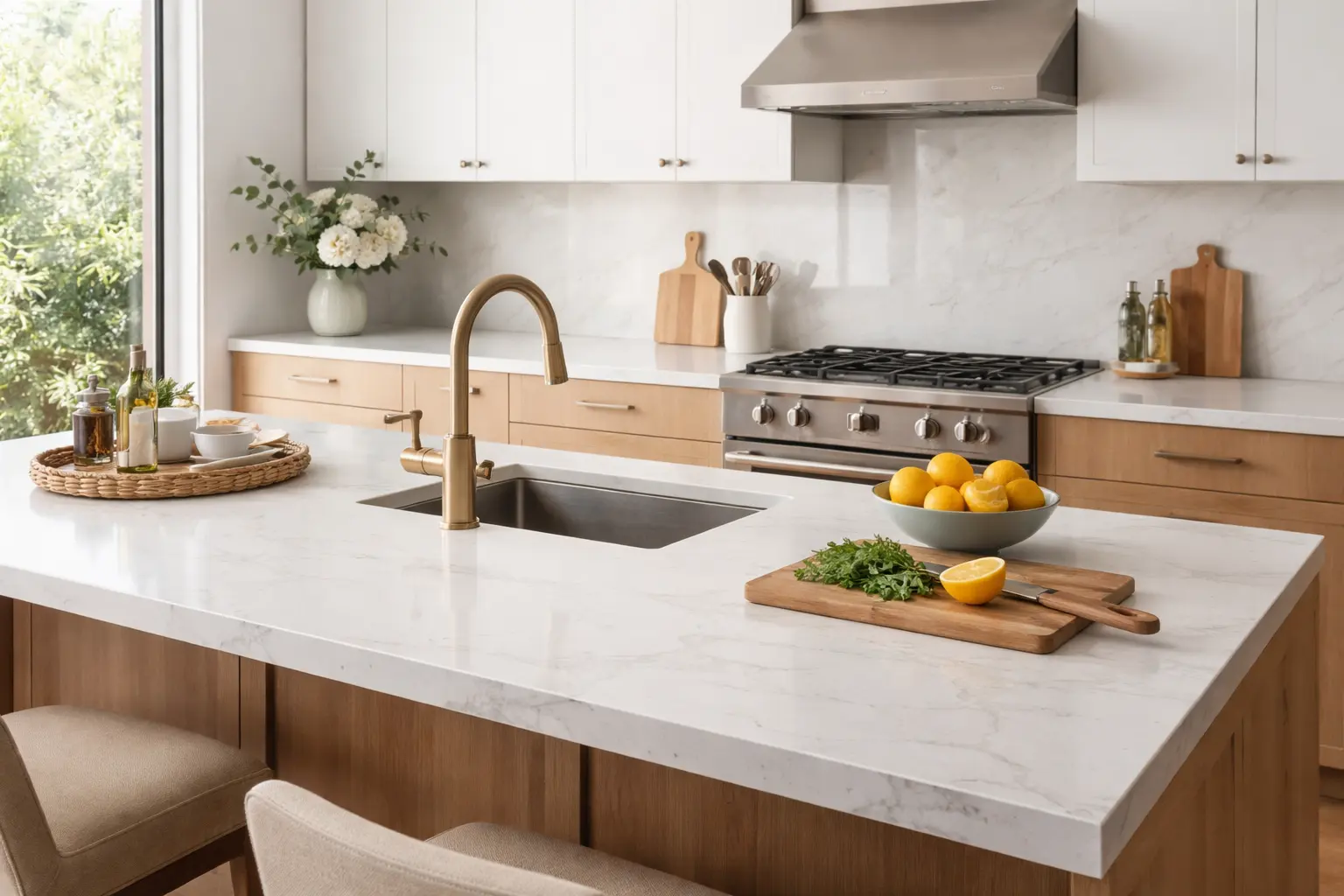 Modern kitchen with a quartz countertop featuring soft gray veins, fresh lemons, herbs, and stainless steel appliances, showcasing a real-life kitchen setting.