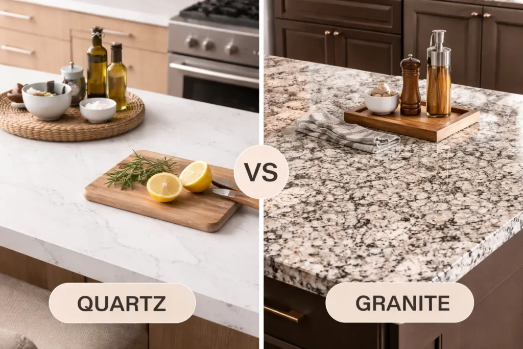 Side-by-side comparison of Quartz and Granite countertops, showcasing a light quartz surface with subtle veins on the left and a speckled granite surface with rustic kitchen accessories on the right.