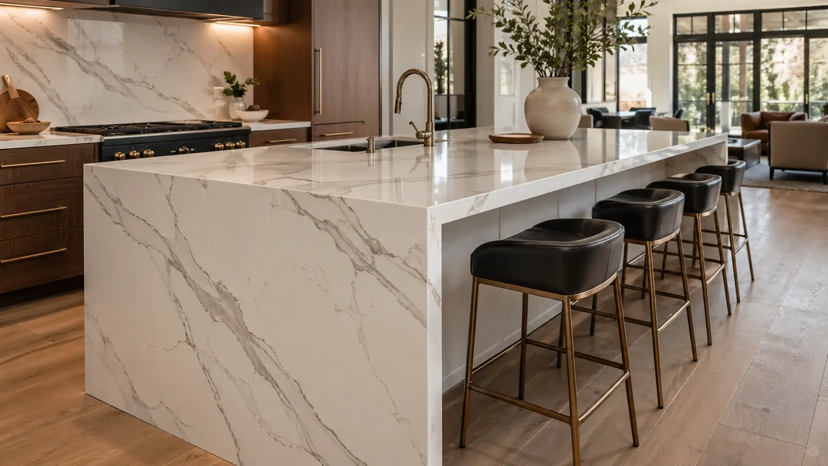 3D Print Full Body Quartz waterfall kitchen island with realistic marble-look veining and full body edge continuity