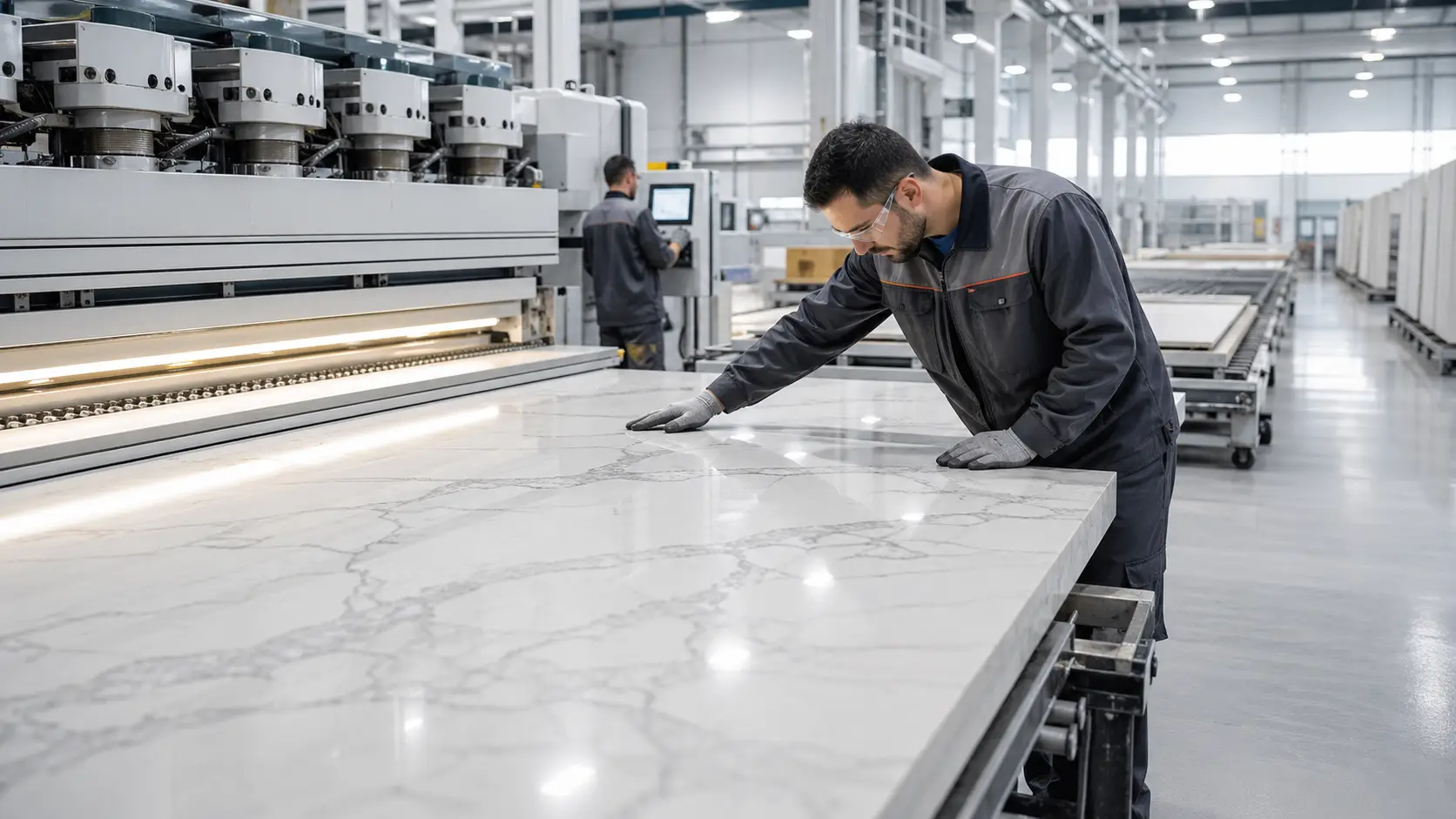 Worker inspecting 3D printed quartz surfaces in a modern quartz slab factory for engineered quartz slabs quality control