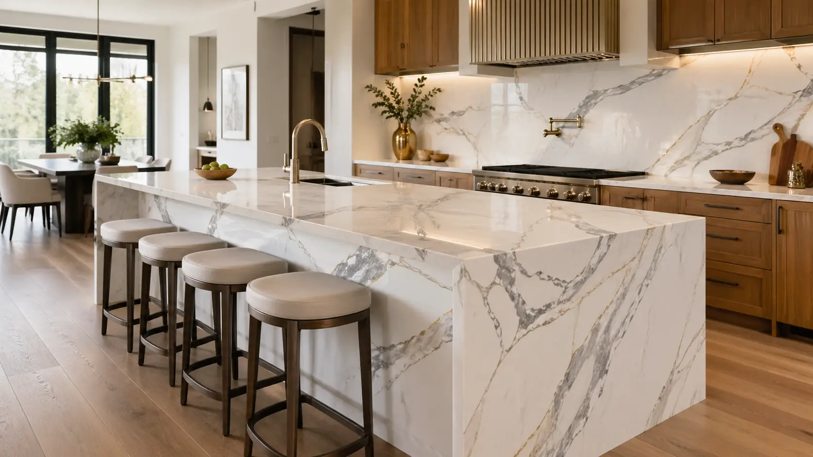 Calacatta marble alternative using 3D printed quartz and marble look quartz for a luxury kitchen island with bold veining