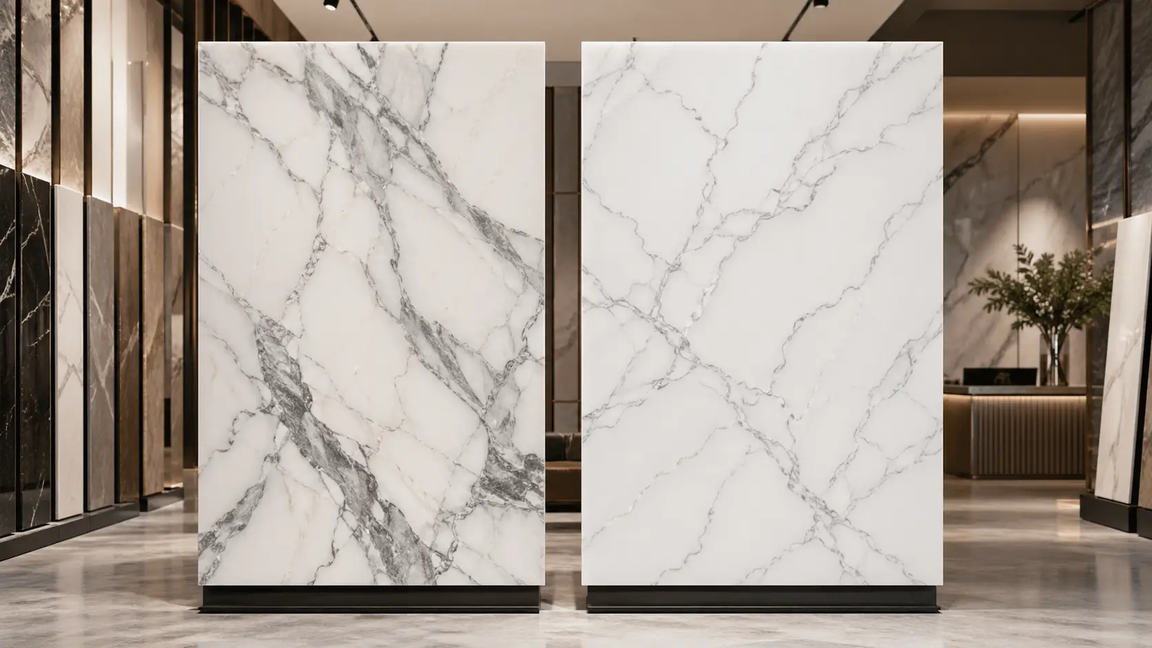 Calacatta marble alternative comparison showing natural marble and 3D printed quartz slabs in a luxury stone showroom
