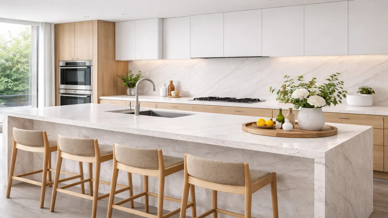 A contemporary modern kitchen with a waterfall-edged quartz countertop, showcasing delicate gray veins. The space features light oak cabinetry, stainless steel appliances, and elegant decor, including a wooden tray with fresh lemons, olive oil bottles, and white flowers. The design highlights the beauty and functionality of **Full Body 3D Printed Quartz** in a sophisticated kitchen setting.