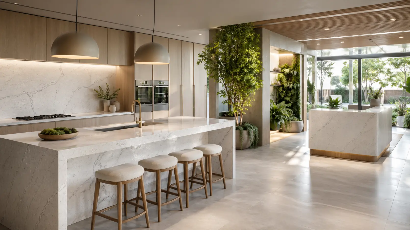 Eco-friendly engineered stone kitchen surfaces in a sustainable modern interior with natural light, greenery, and marble-look quartz countertops