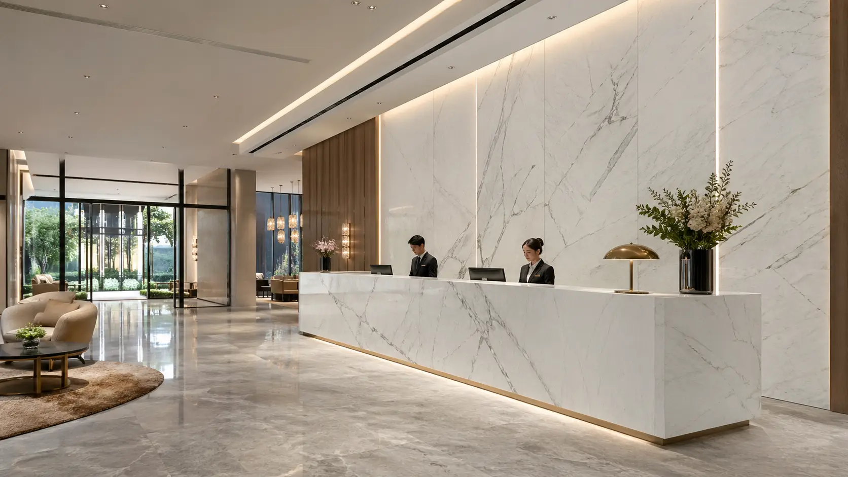 Luxury hotel lobby featuring full body quartz countertops and 3D printed quartz surfaces with marble-look full body quartz slabs for commercial interiors