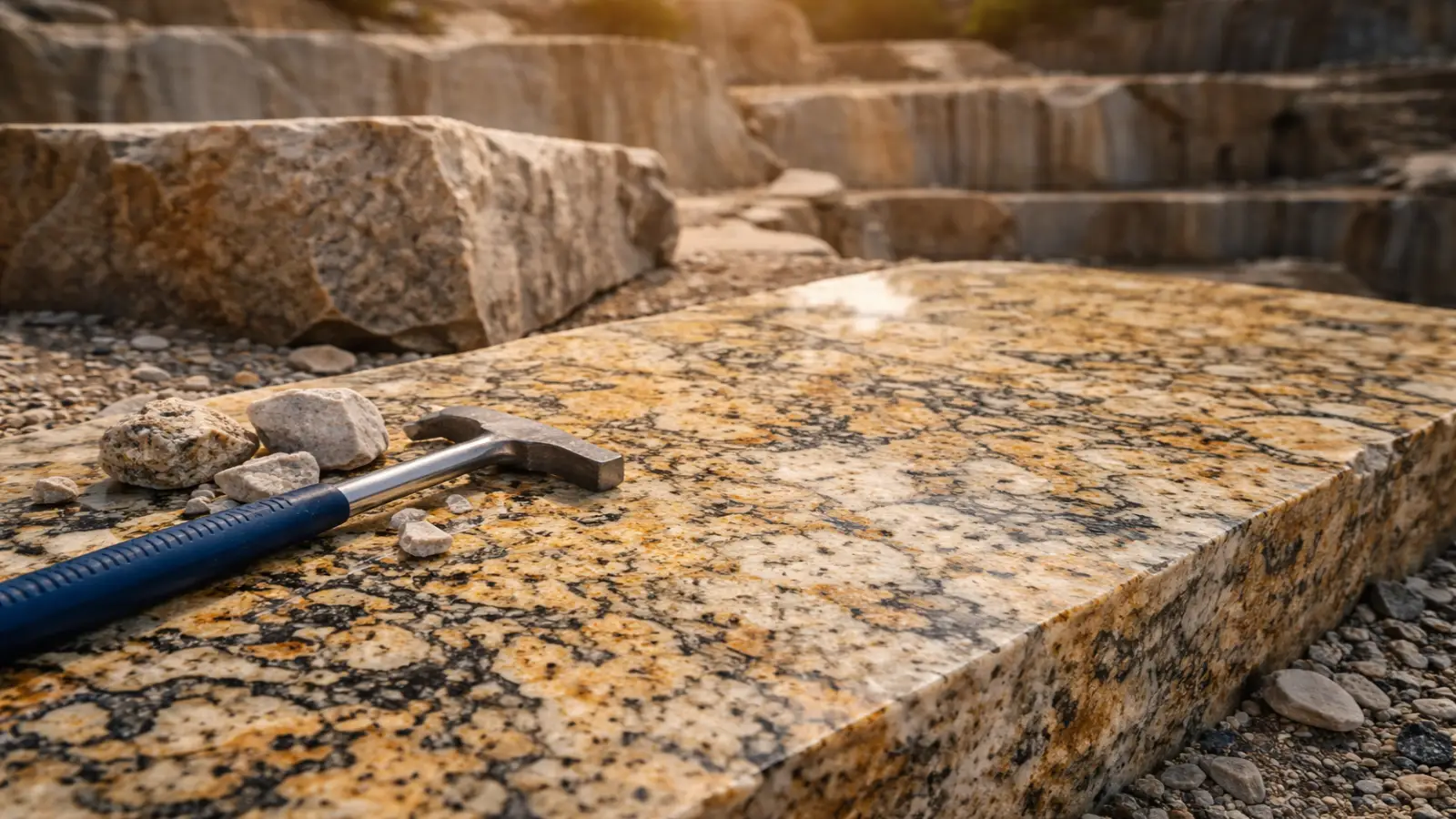 Close-up of a polished granite slab in a quarry with natural speckled patterns of gold and black. The slab is accompanied by a geologist’s hammer and rough granite pieces, highlighting the unique composition of granite countertops.