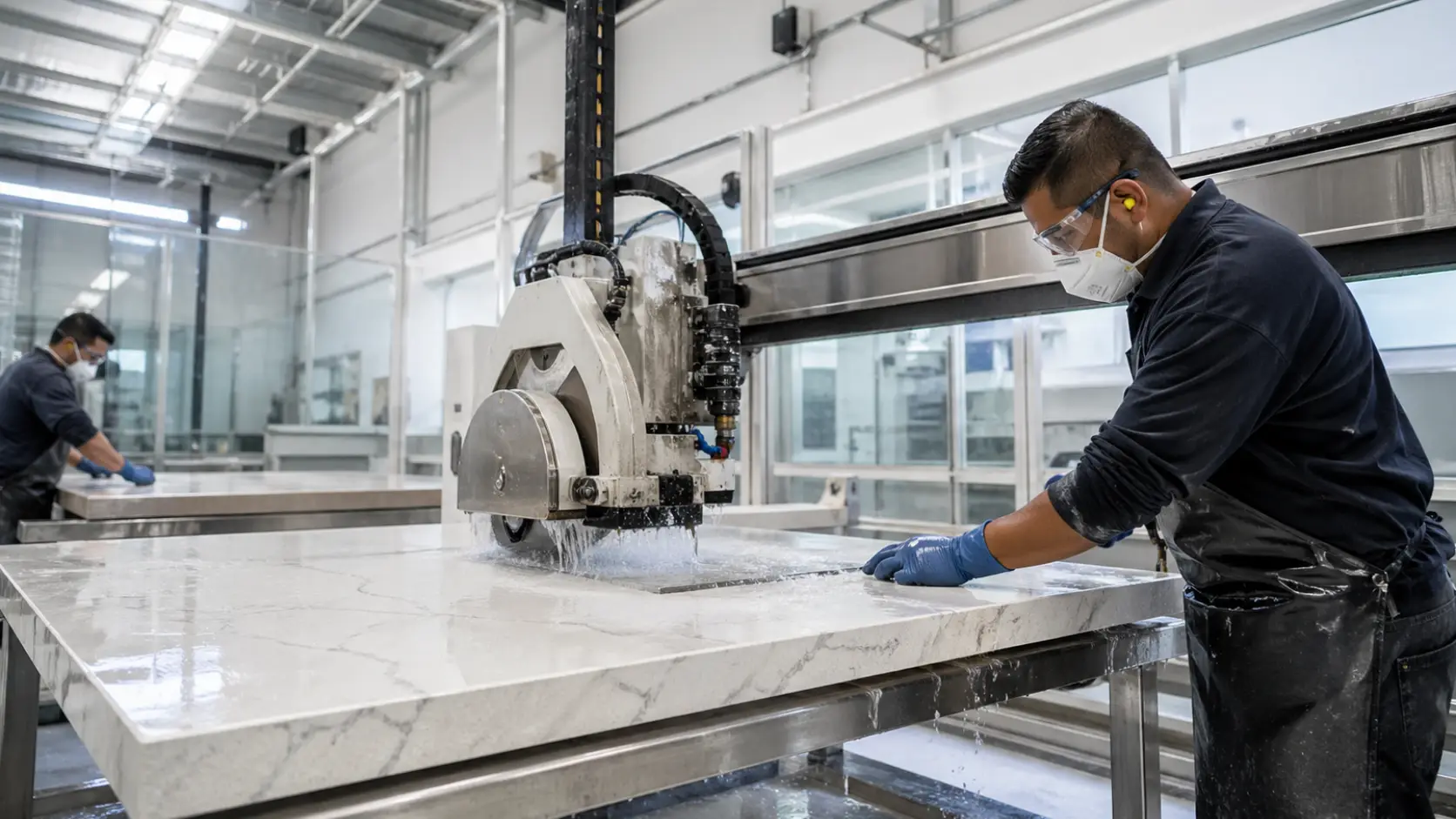 Worker using wet cutting equipment for low silica engineered stone fabrication safety in a clean quartz surface workshop