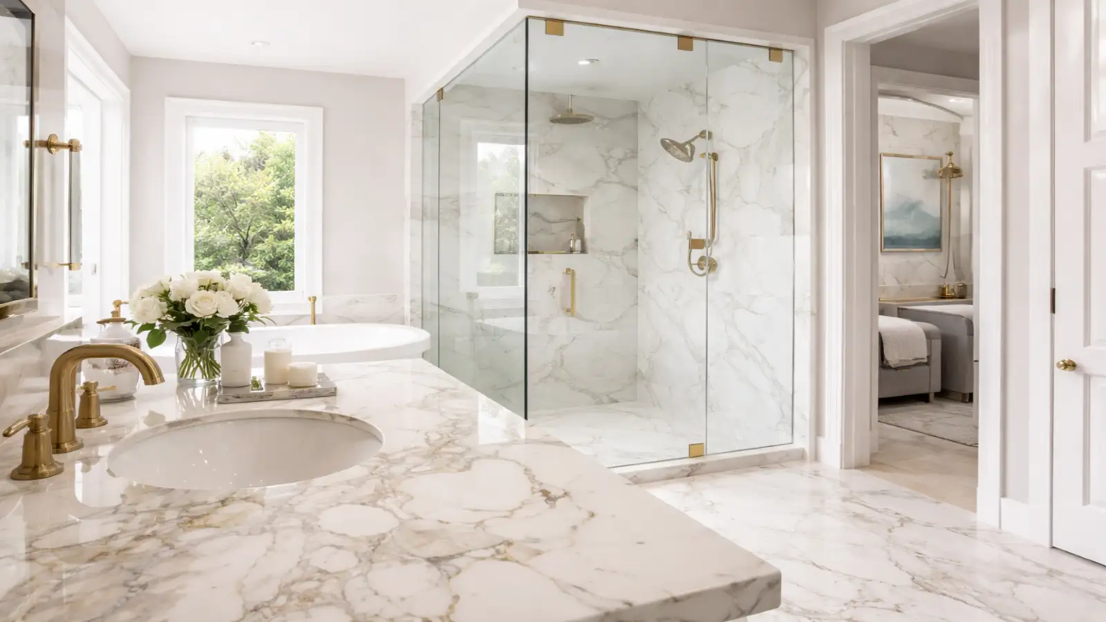 Elegant bathroom remodel featuring a stunning Calacatta Quartz vanity, freestanding soaking tub, walk-in shower with gold-accented fixtures, and soft natural lighting.