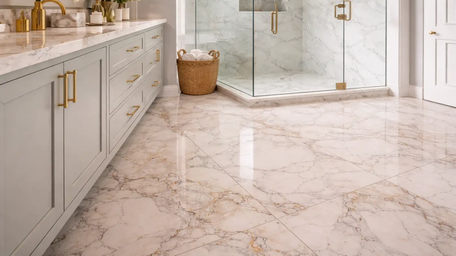 Elegant bathroom with glossy Calacatta Quartz flooring, light gray vanity with brass accents, and a marble-tiled walk-in shower, creating a luxurious and harmonious atmosphere.