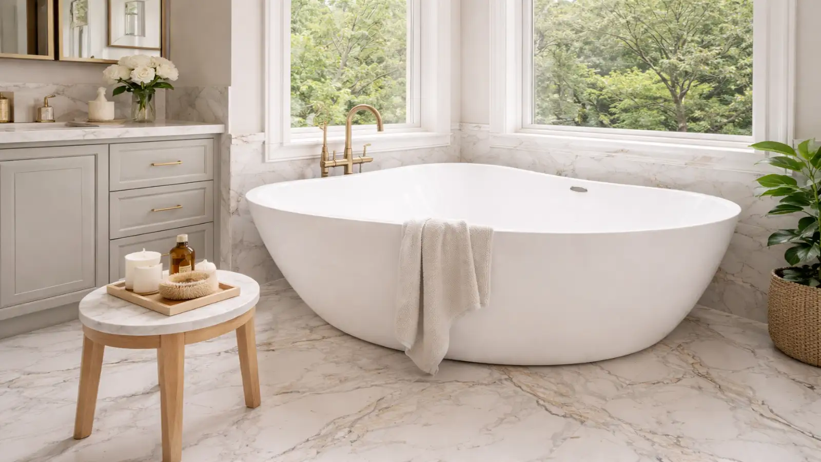 Elegant bathroom with a freestanding soaking tub, Calacatta Quartz flooring, brushed brass faucet, and natural light streaming in through large windows with a lush green view.