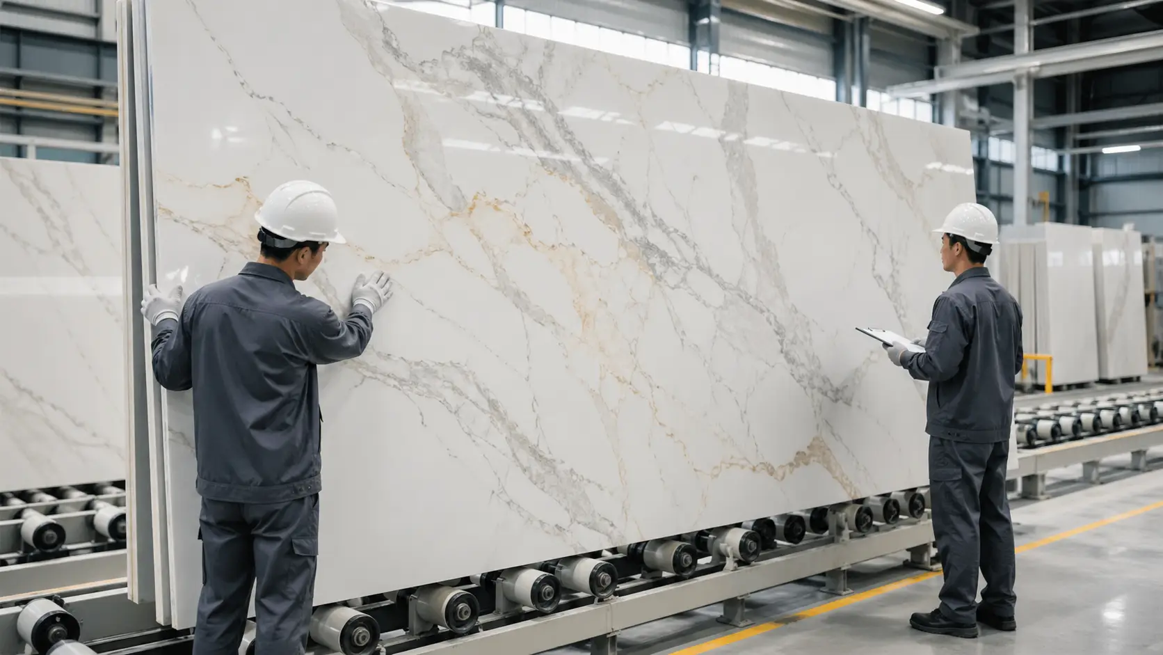 Workers inspecting marble look quartz slabs in a modern 3D printed stone factory for quality control and batch consistency