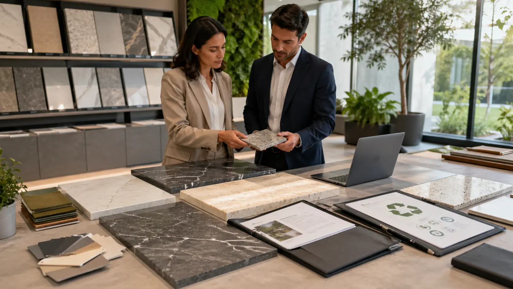 Buyers reviewing sustainable engineered stone samples and sourcing documents in a modern eco-friendly quartz surface showroom