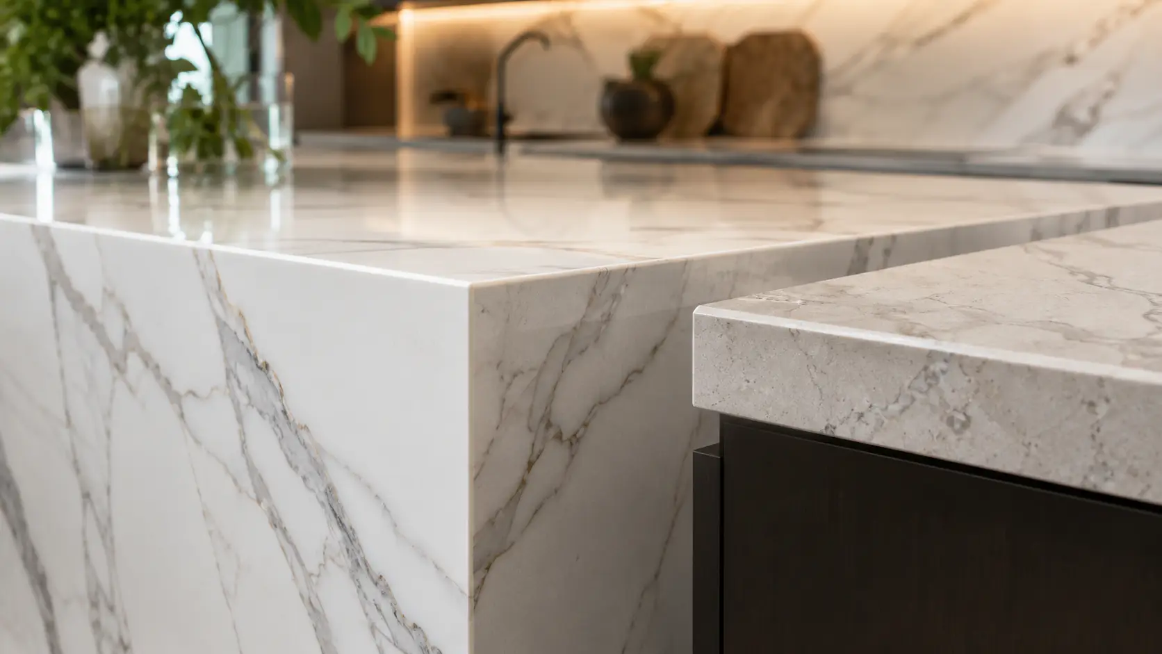 3D full body quartz edge profiles on a modern kitchen island with seamless waterfall edge design