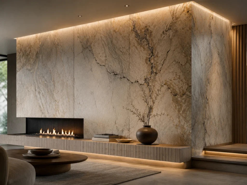 Full body 3D printed quartz wall panels for luxury interior feature wall applications