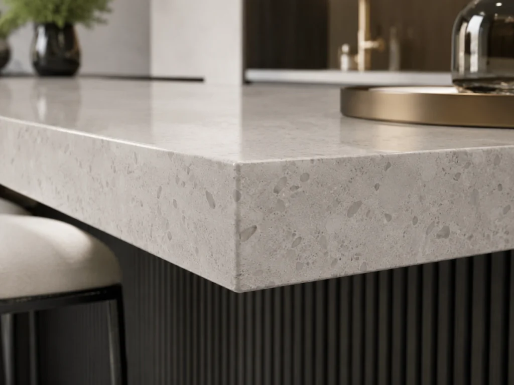 Close-up of full body 3D printed quartz thick edge countertop showing through-body surface detail