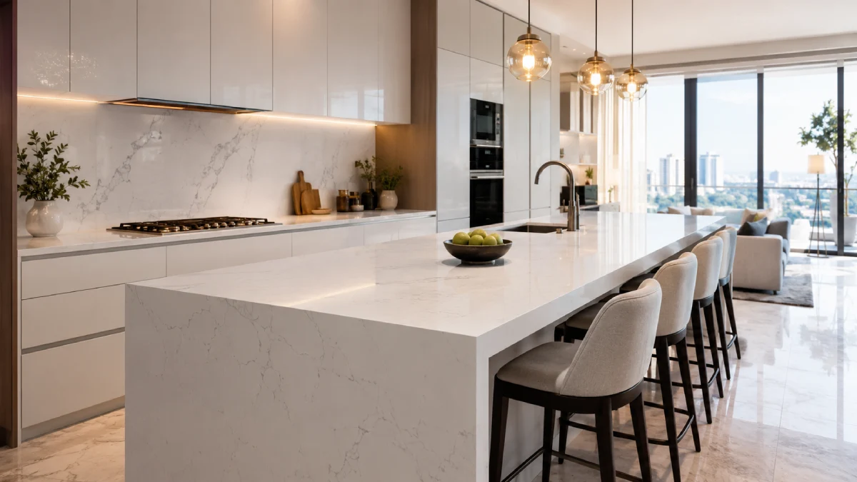 High-end quartz kitchen countertop in a modern apartment sourced from a Vietnam quartz factory