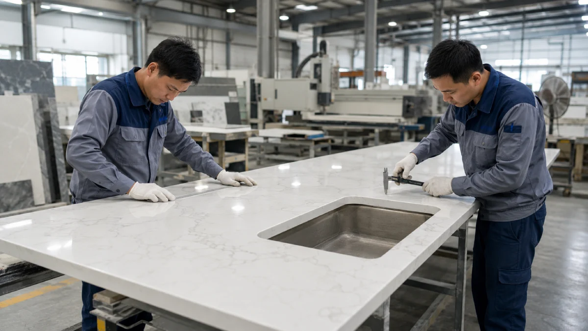 Workers inspecting cut-to-size quartz countertops in a Vietnam factory for project fabrication
