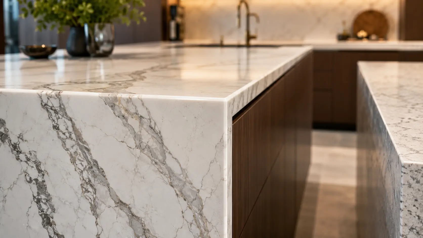 Quartz edge profiles comparison showing seamless 3D full body quartz waterfall edge in a modern kitchen