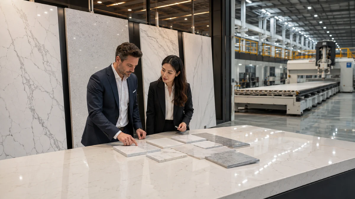 Project buyers reviewing quartz samples inside a modern Vietnam quartz factory for high-end engineered stone production