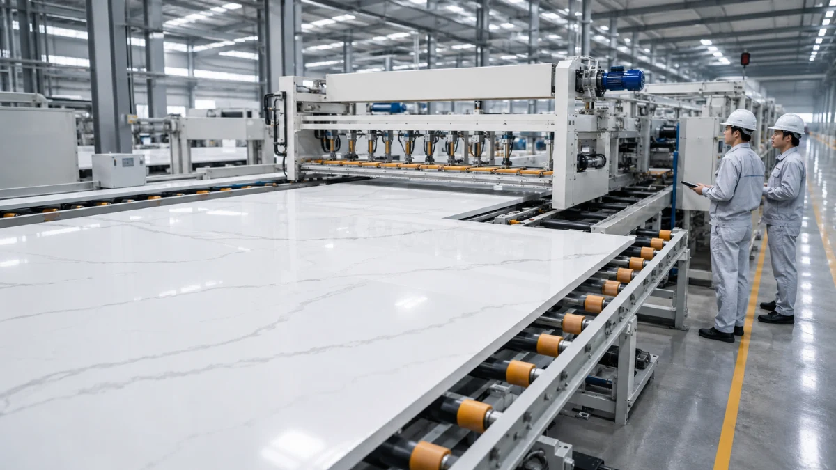 Modern production line inside a Vietnam quartz factory for high-end engineered stone manufacturing