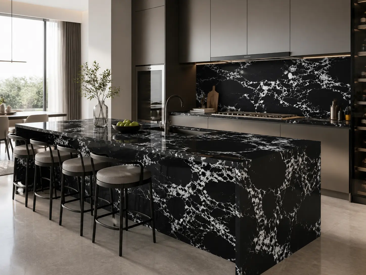 Quartz Surface Man-Made Non-porous Zero Silica Black Calacatta Quartz Slabs