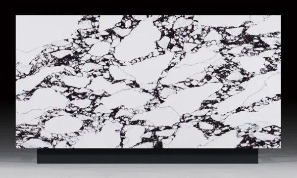 Calacatta polished artificial quartz slab, used for kitchen countertops