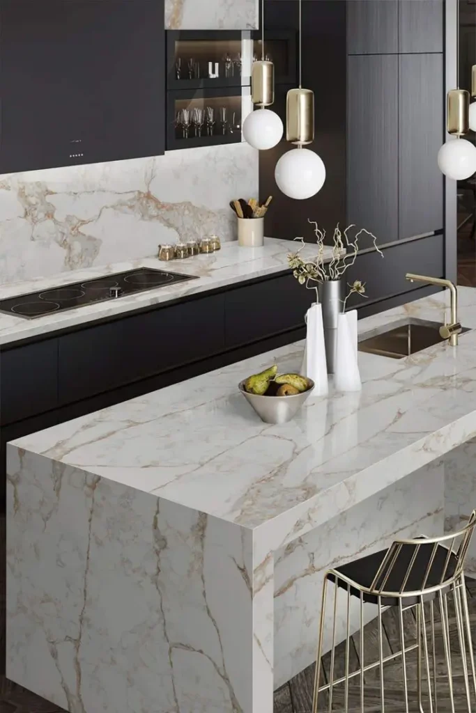 White Quarzo Calacatta Gold Pattern Artificial Quartz Slab Countertop