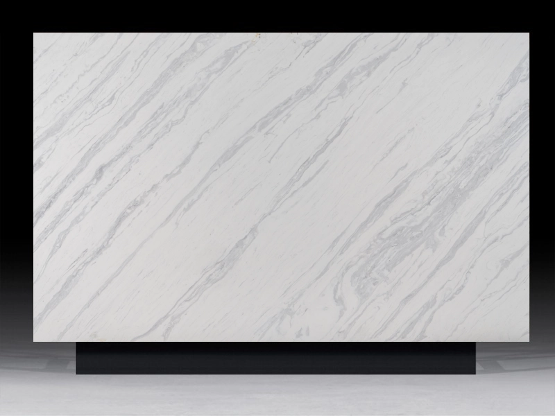 Calacatta Polaris White Quartz countertop with soft gray veining on a white base, perfect for modern kitchen and bathroom designs