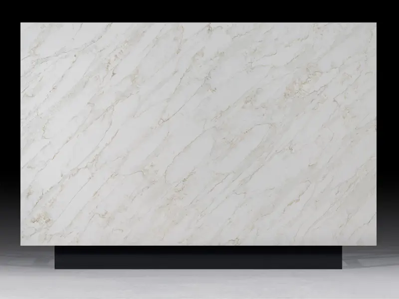 Calacatta Imperiale Gold Quartz countertop featuring a luxurious white base with soft golden veins, ideal for modern kitchen and bathroom designs.