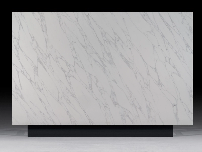 Calacatta Lucia Quartz countertop with bold gray veining on a white base, ideal for contemporary kitchen and bathroom designs.