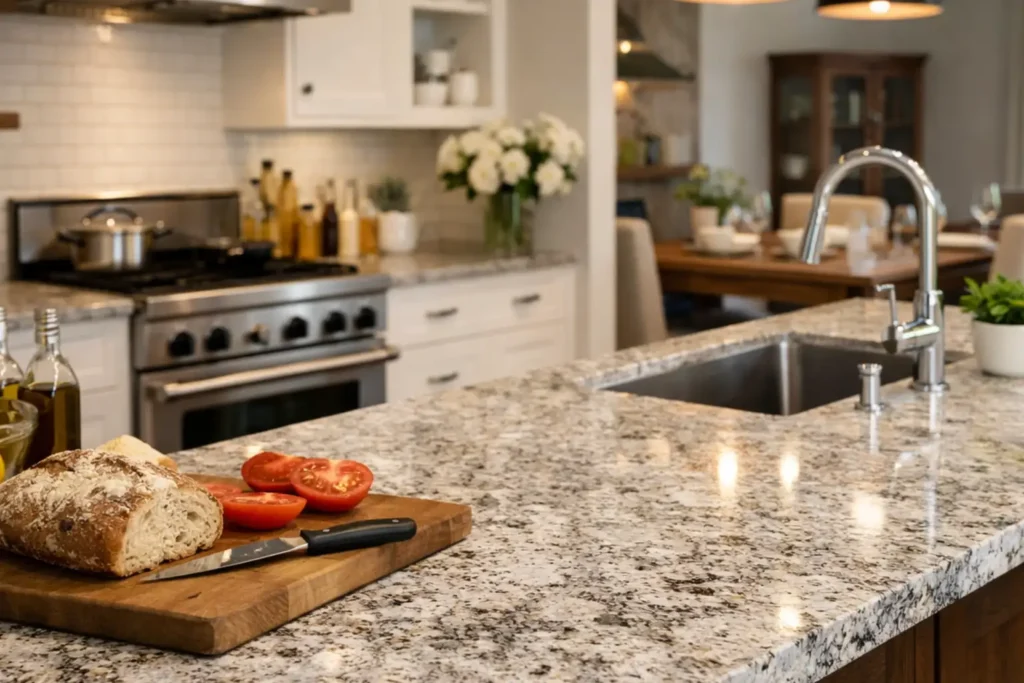 A modern kitchen featuring a beautiful granite countertop with a cutting board, tomatoes, and a loaf of bread. The kitchen includes a sleek sink, stainless steel appliances, and fresh lemons, creating an elegant and functional space