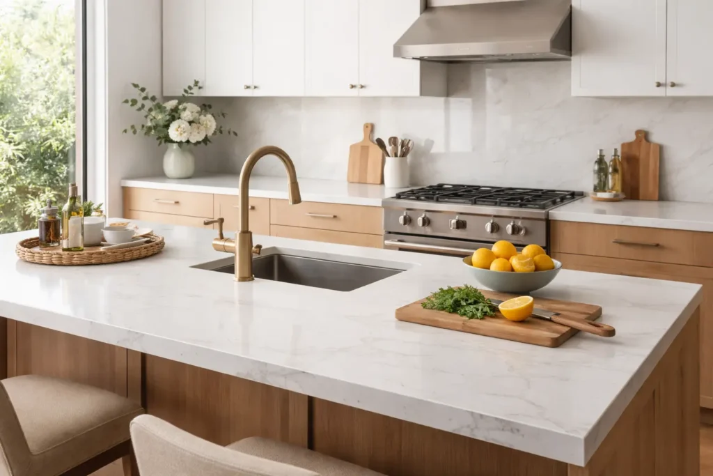 Modern kitchen with a quartz countertop featuring soft gray veins, fresh lemons, herbs, and stainless steel appliances, showcasing a real-life kitchen setting.