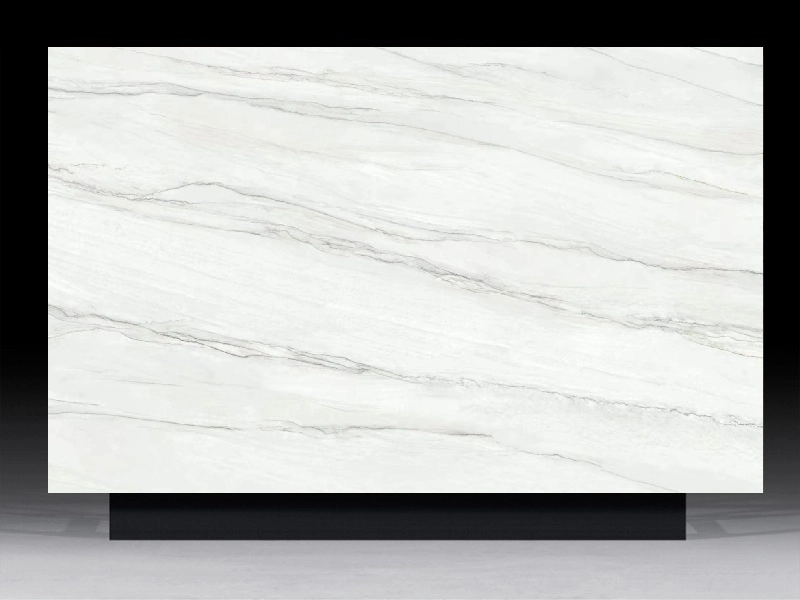High-definition architectural surface panel featuring refined, flowing grey veining of Classic Statuario marble on a pure white background.