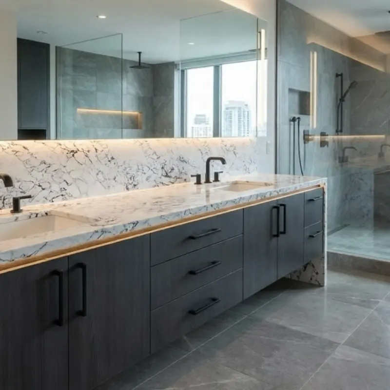Modern luxury Calacatta Quartz Bathroom Vanity Top with waterfall edge and full-height matching quartz backsplash.