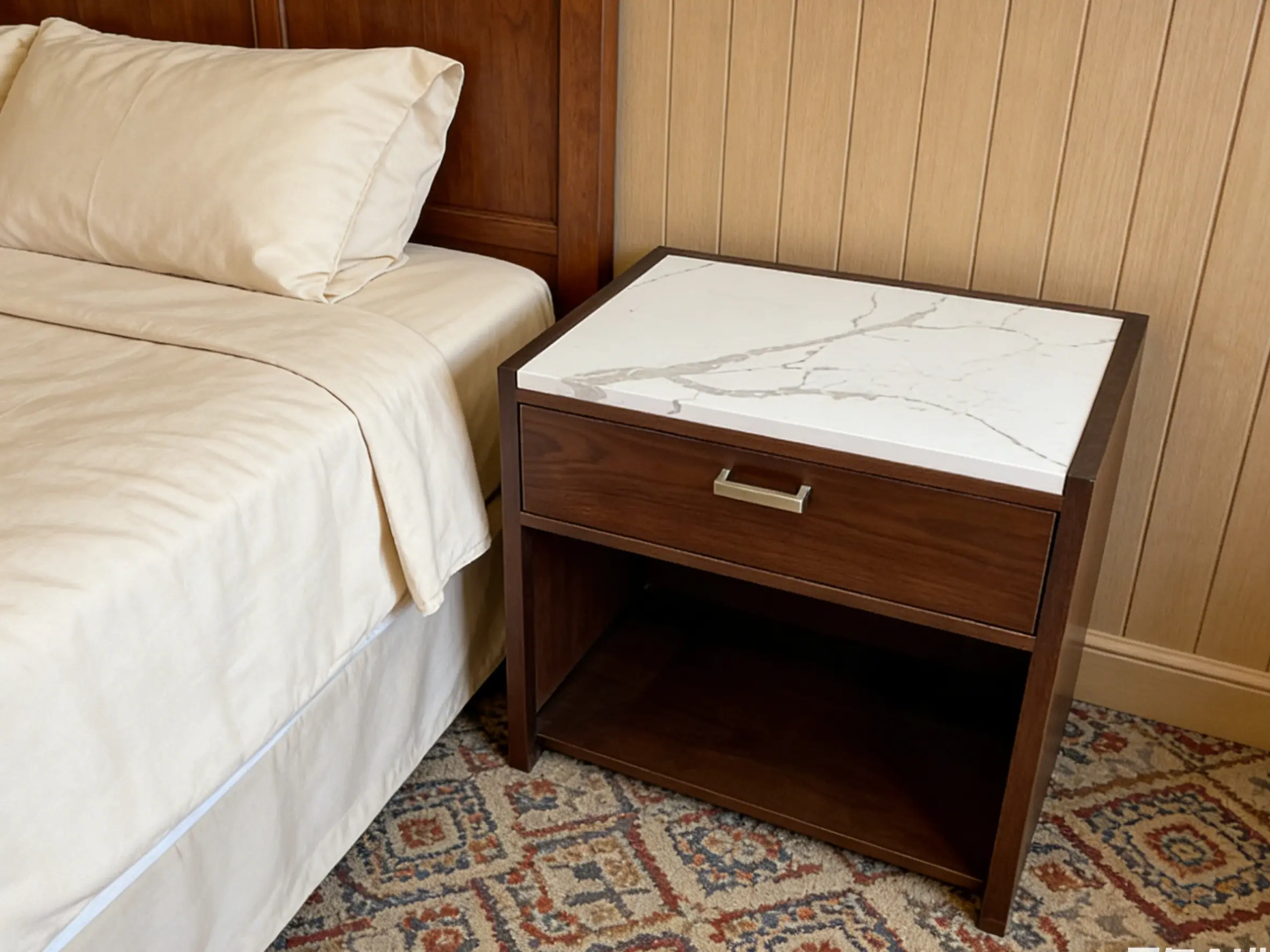 calacatta white quartz nightstand with wood cabinet drawer and open shelf