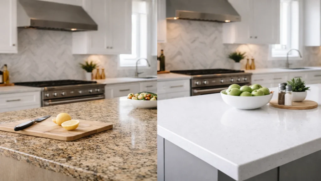 Side-by-side comparison of granite and quartz countertops in a contemporary kitchen, with granite on the left featuring speckled gold and black tones, and quartz on the right with a smooth, white surface adorned with green apples and modern kitchen accessories.