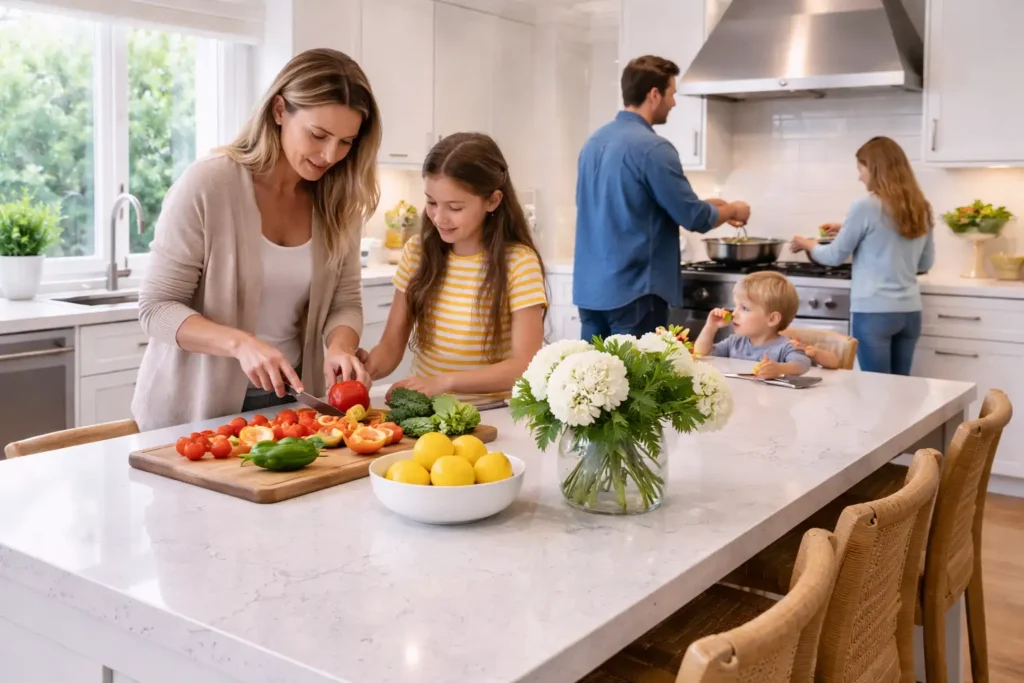 A busy high-traffic kitchen with a quartz countertop, where a family is preparing food. A woman and her daughter chop vegetables, while a man cooks at the stove, and a child enjoys a snack at the island. The scene highlights the practicality and elegance of quartz countertops in active kitchen environments.