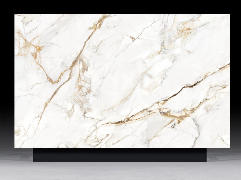 High-definition architectural surface panel featuring the prestigious honey-gold and violet-grey veining of Imperial Paonazzo marble on a creamy white background.