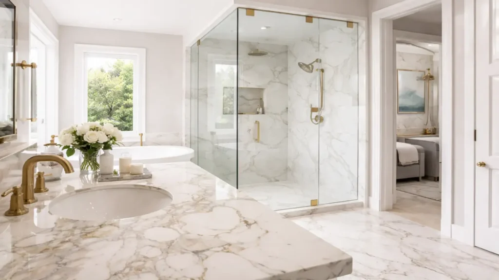 Elegant bathroom remodel featuring a stunning Calacatta Quartz vanity, freestanding soaking tub, walk-in shower with gold-accented fixtures, and soft natural lighting.