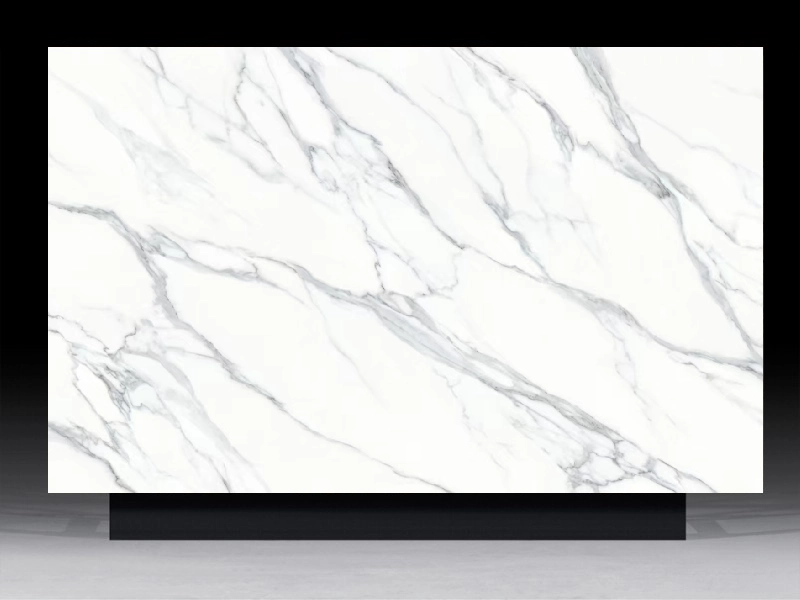 High-definition architectural surface panel featuring the bold, interlocking charcoal grey veins of Majestic Arabescato marble on a pure white background.