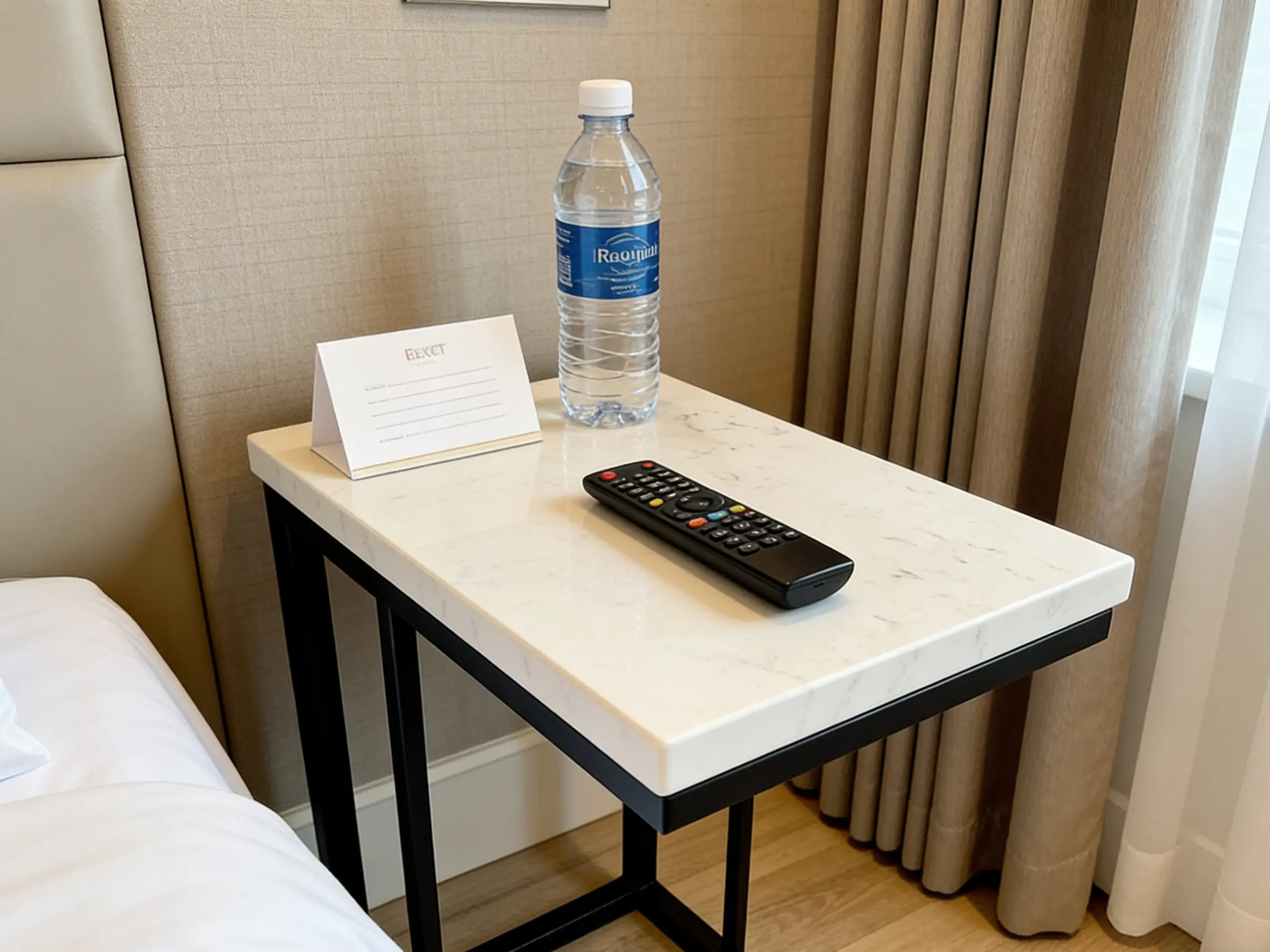 middle carrara quartz bedside table with black metal base in modern bedroom