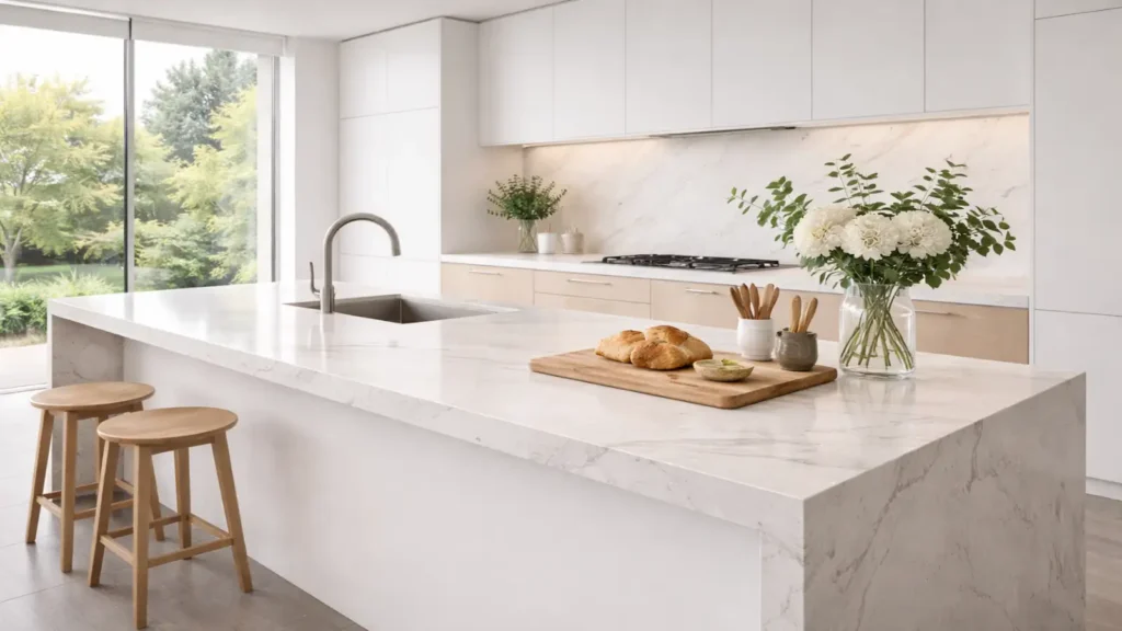 A modern kitchen with a full-body 3D printed quartz countertop, showcasing its durability and elegant design. The light quartz surface blends seamlessly with minimalist white cabinetry and sleek decor elements, making it an ideal choice for high-traffic kitchens. The kitchen emphasizes both beauty and functionality, highlighting the benefits of 3D printed quartz in everyday spaces.