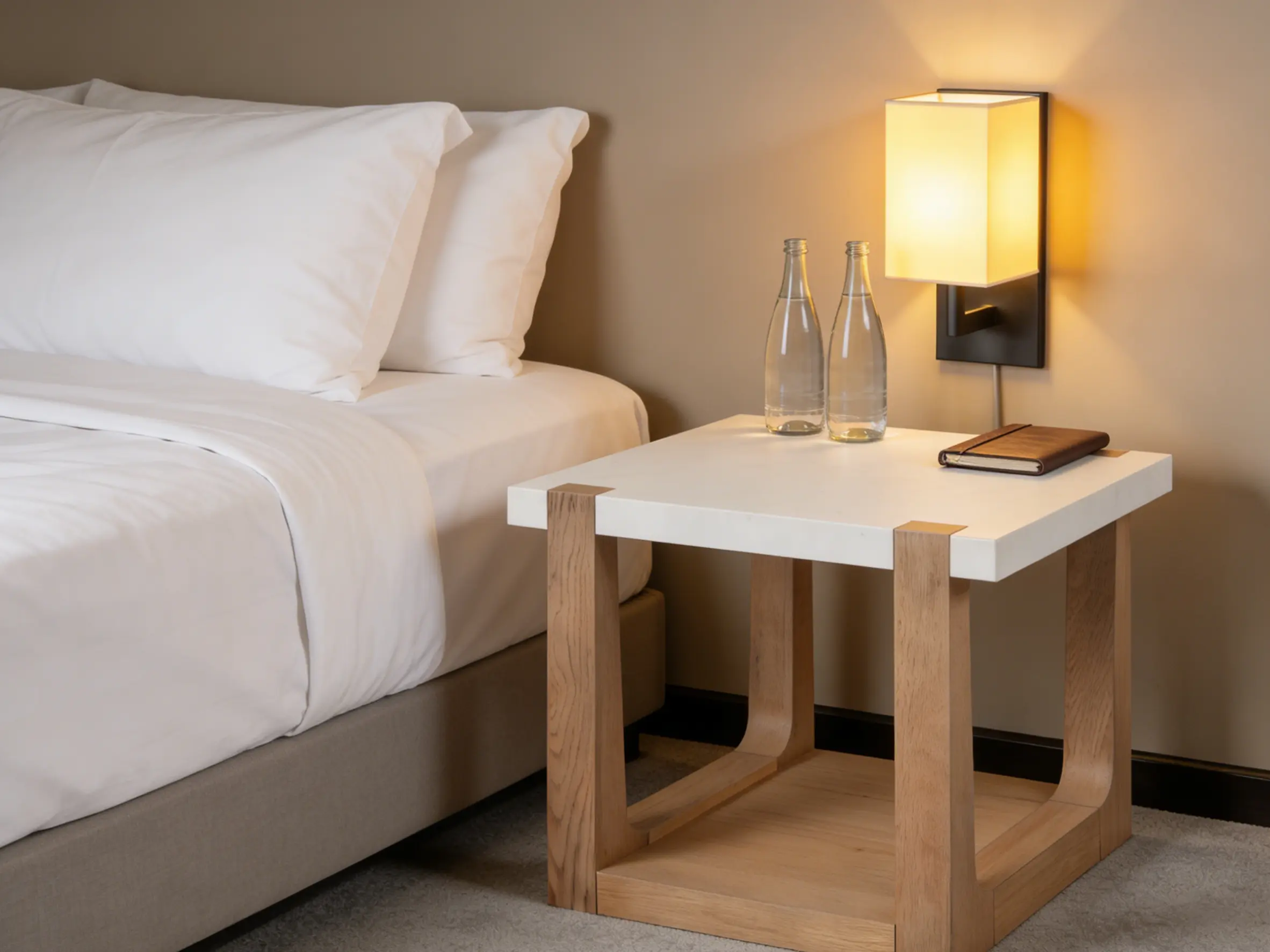 pure white quartz bedside table with wooden base in modern bedroom