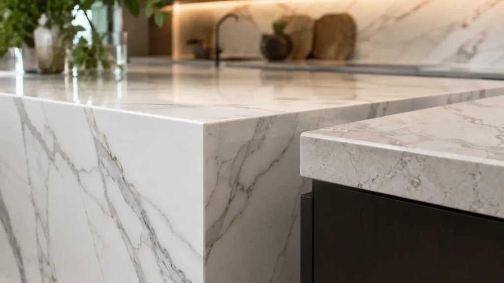 3D full body quartz edge profiles on a modern kitchen island with seamless waterfall edge design